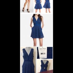 Free People, blue peplum dress with lace overlay, pockets and side zipper. XS.